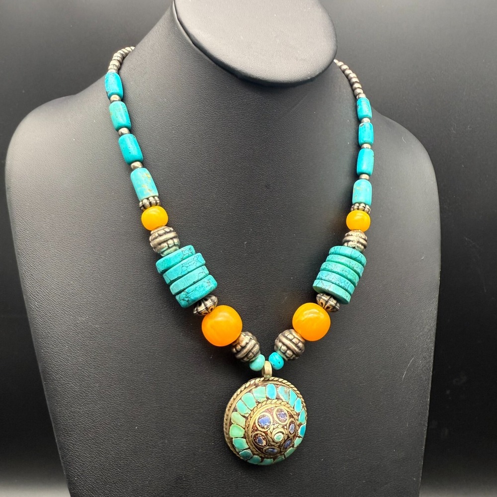 Vintage Mexican Silver Necklace 19" Turquoise Amber Beads Mosaic Pendant 1.5"‎